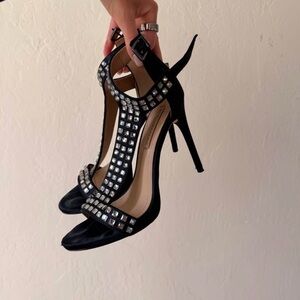 BCBG Black T-Strap Crystal Studded High Heel Sandals